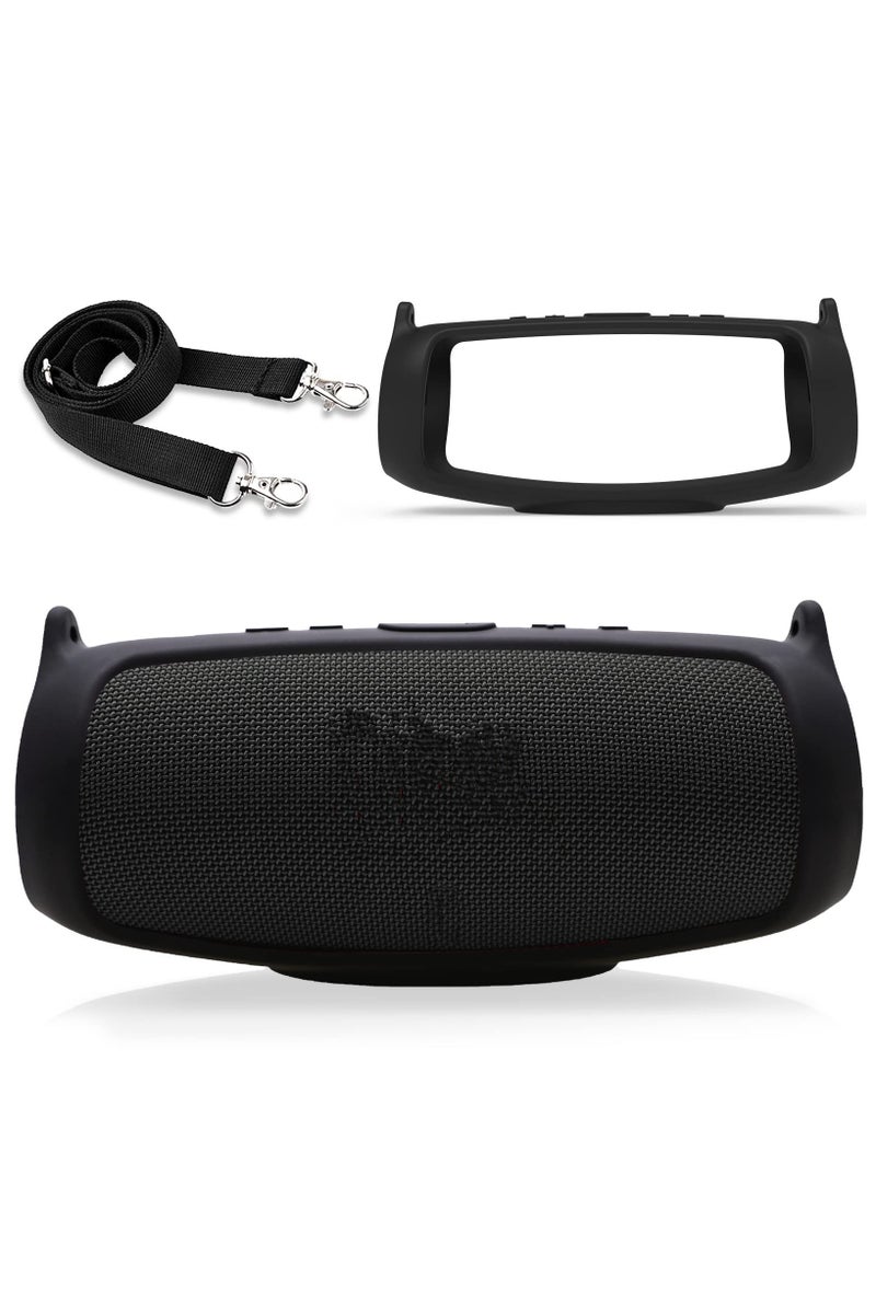 Silicone Case Cover for JBL Charge 5 Speaker Travel Protective Carrying Gel Soft Skin Waterproof Rubber Pouch with Shoulder Strap(Black) - Image 1