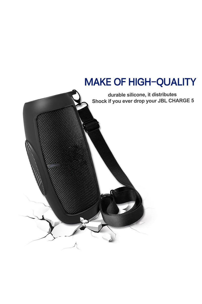 Silicone Case Cover for JBL Charge 5 Speaker Travel Protective Carrying Gel Soft Skin Waterproof Rubber Pouch with Shoulder Strap(Black) - Image 3