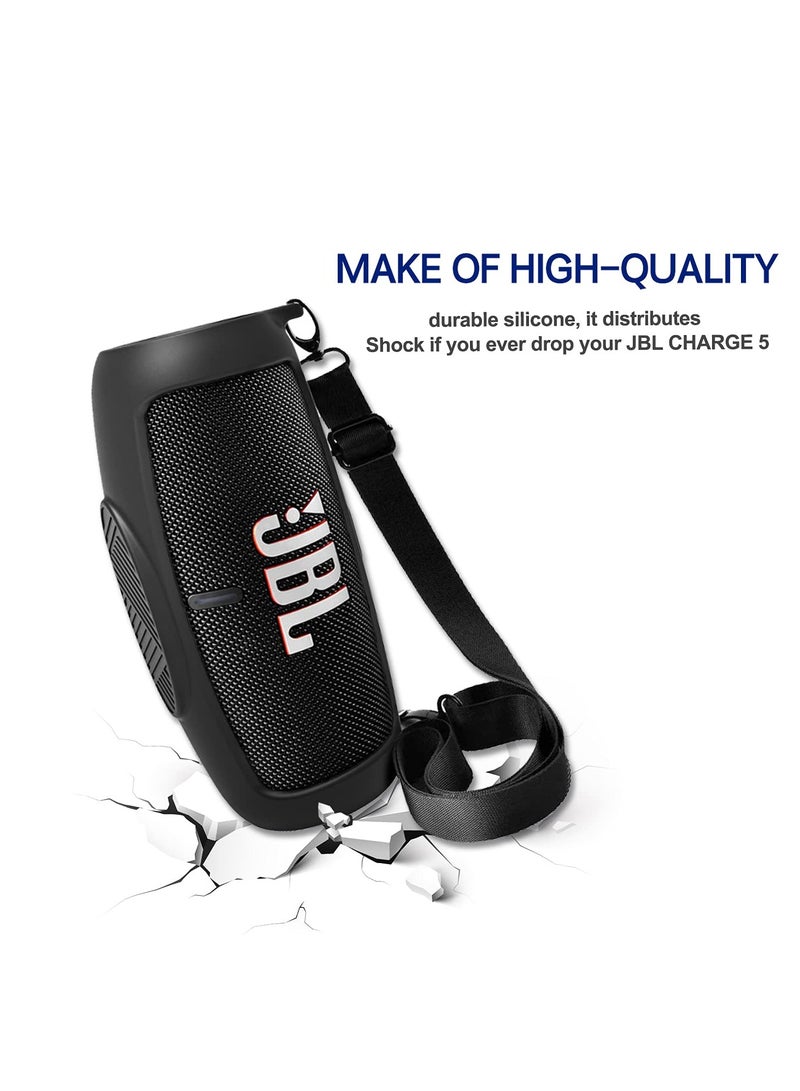 Silicone Case Cover for JBL Charge 5 Speaker Travel Protective Carrying Gel Soft Skin Waterproof Rubber Pouch with Shoulder Strap(Black)  - Image 4