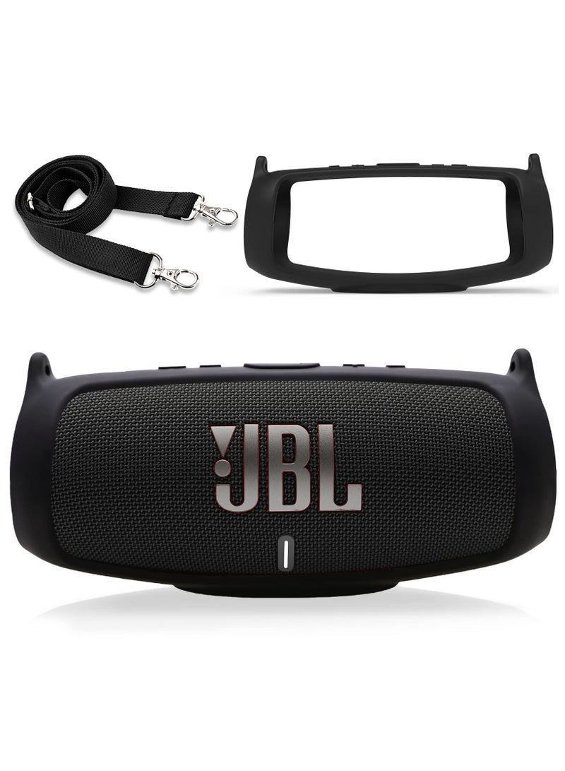 Silicone Case Cover for JBL Charge 5 Speaker Travel Protective Carrying Gel Soft Skin Waterproof Rubber Pouch with Shoulder Strap(Black)  - Image 1