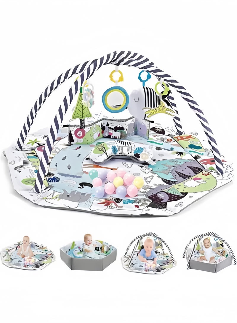 GGEROU Baby Gym Play Mat, Tummy Time Activity Mat,8-in-1 Tummy Time Mat, Washable Ball Pit with 18 Balls, Infant Play Mat,Detachable Toy for Sensory Exploration and Motor Skill Development (Animals) - Image 1