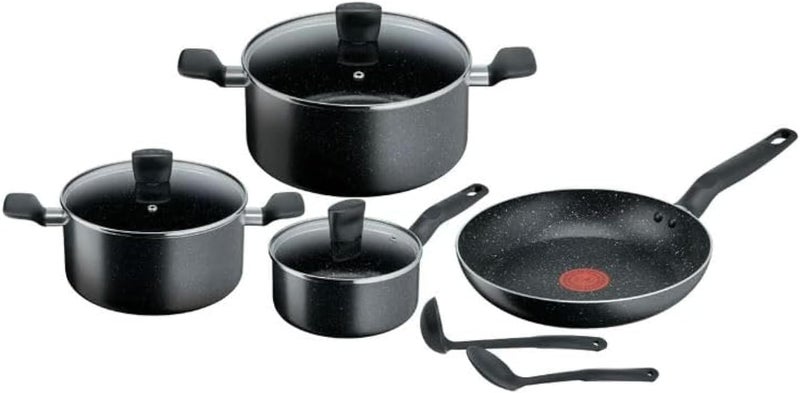 تيفال مجموعة Tefal Dark Stone المكونة من 9 قطع، طقم طهي غير لاصق، طلاء آمن لأواني الطهي، مؤشر حرارة، مقابض مريحة، غطاء زجاجي، B491S985 - Image 1