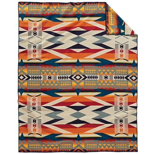 Pendleton Jacquard Unnapped Blanket 64" x 80" - Wool Cotton, Reversible, Lightweight, Soft, Ultrasuede Binding, Packable Throw for Home and Travel - Fire Legend Sunset - Image 1