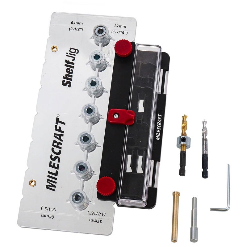 Milescraft 1343 Shelf Jig – Create ¼ in. and 5mm Shelf Pin Holes for Cabinets. Standard 32mm Spacing. Shelf Pin Jig includes Two Drill Bits - Image 1
