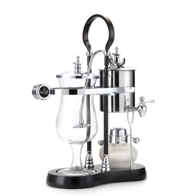 BELGIANBELGIUM LUXURY ROYAL FAMILY BALANCE SYPHON COFFEE MAKERSIPHON COFFEE BREWER SILVER BLACK COLUMN WITH ROUND HANDLE