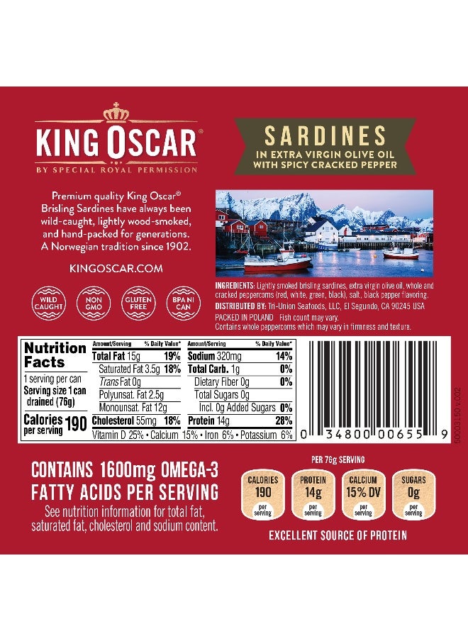 KING OSCAR King Oscar, Wild Caught, Sardines In Extra Virgin Olive Oil, With Spicy Cracked Pepper, One Layer, 3.75 oz (106 g)  - Image 2