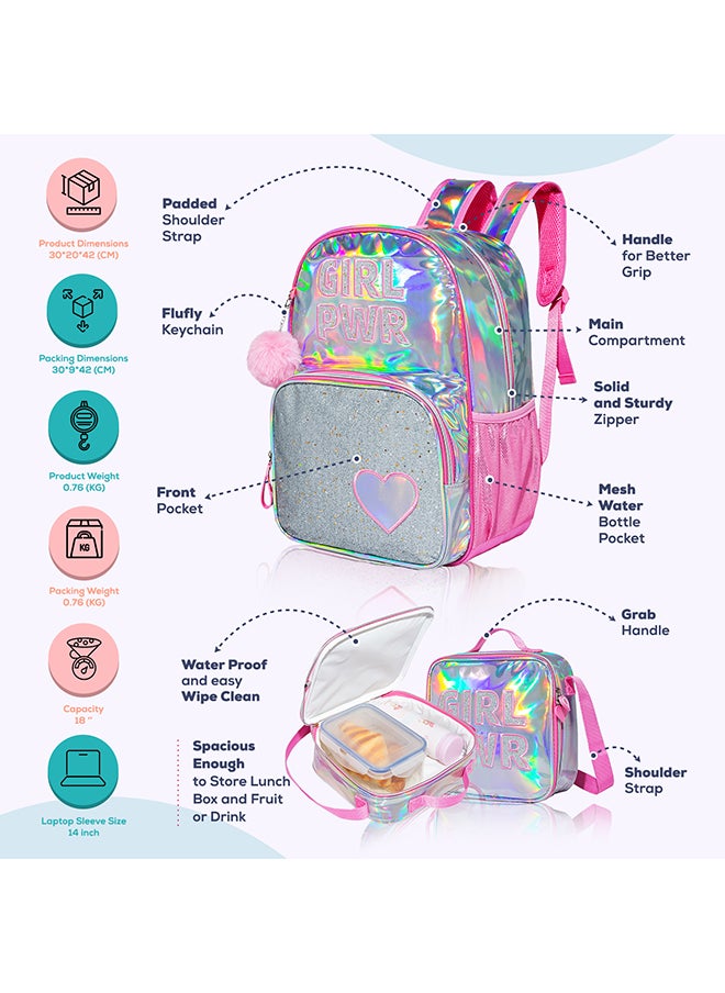 Eazy Kids - 18" School Bag Bento Box Stainless Steel 640Ml Water Bottle Lunch Bag Pencil Case Set Of 5 - Girl Power Pink  - Image 3