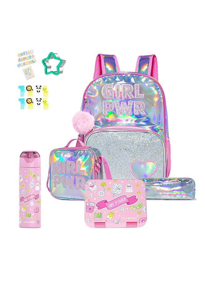 Eazy Kids - 18" School Bag Bento Box Stainless Steel 640Ml Water Bottle Lunch Bag Pencil Case Set Of 5 - Girl Power Pink  - Image 1