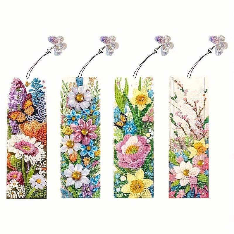 plzzree Diamond Art Bookmarks 4pcs: Acrylic Diamond Bookmarks Kits for Women - Spring Flower Butterfly DIY Bookmark - Adults Small Craft Book Marks Kit Beginner - Image 1