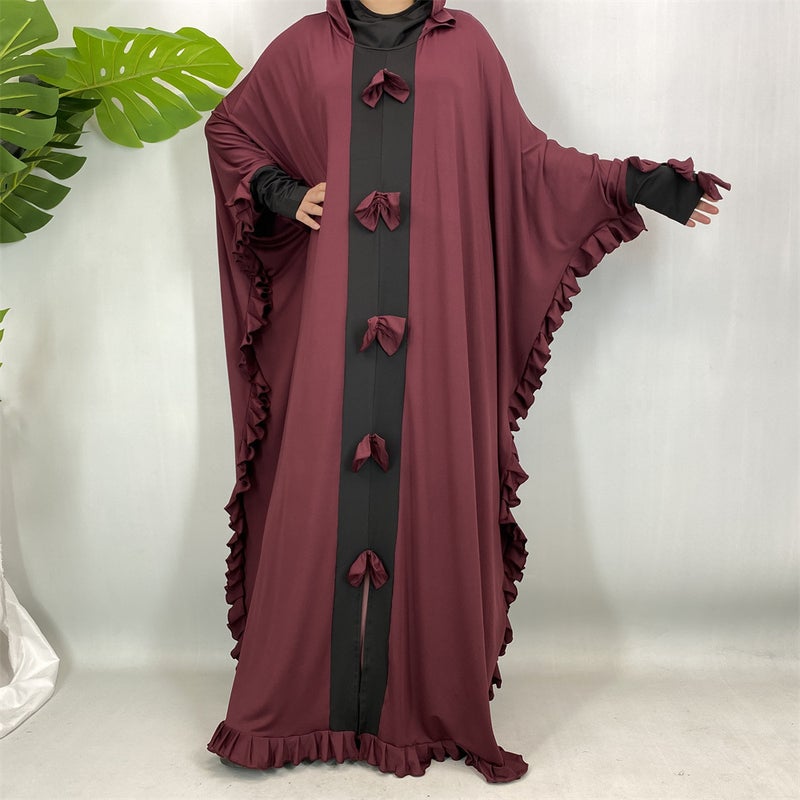 روب أنيق بتصميم مزيج قماش وعقدة جذابة مع أكمام واسعة وقبعة - فستان طويل 6884 - Image 3