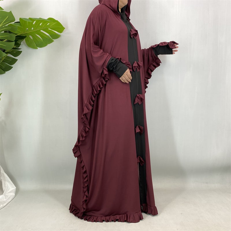 روب أنيق بتصميم مزيج قماش وعقدة جذابة مع أكمام واسعة وقبعة - فستان طويل 6884 - Image 1