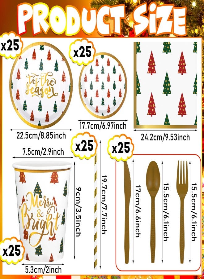Suclain 202 Pcs Christmas Party Supplies - Merry Bright Banner, Tableware, Dinnerware Set for Xmas Decor, Serves 25 - Image 2