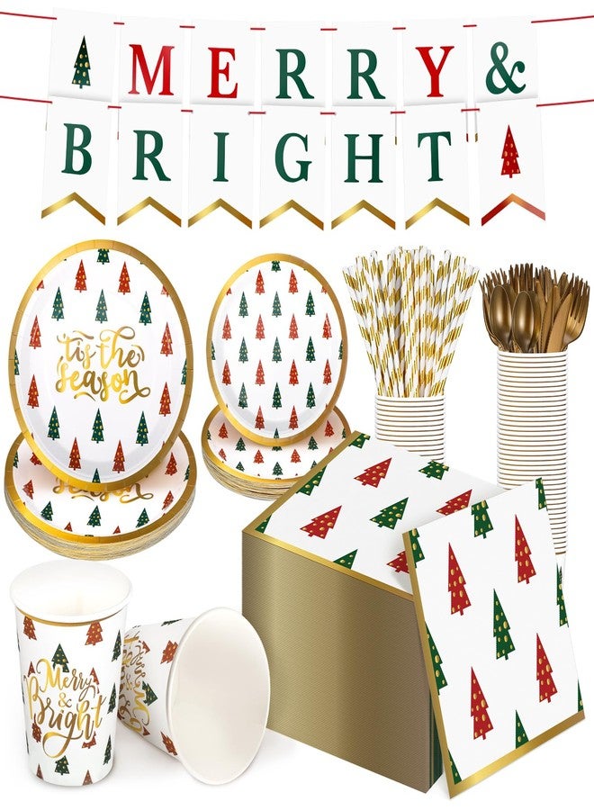 Suclain 202 Pcs Christmas Party Supplies - Merry Bright Banner, Tableware, Dinnerware Set for Xmas Decor, Serves 25 - Image 1