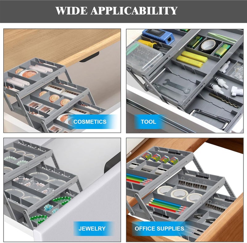 Jiawu Expandable Drawer Organizer, Multi Level Desk Organizer Tray with Adjustable Dividers, Collapsible Storage Solution for Makeup Jewelry Cosmetics, Versatile for Vanity Dresser Cabinet (3 Layers) - Image 4