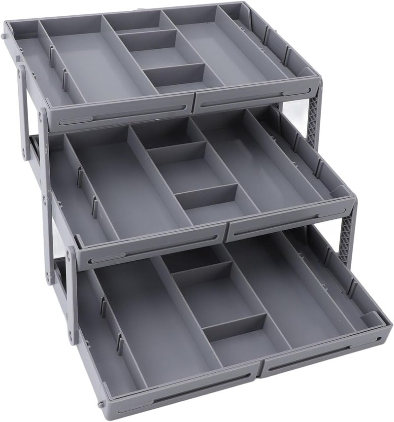 Jiawu Expandable Drawer Organizer, Multi Level Desk Organizer Tray with Adjustable Dividers, Collapsible Storage Solution for Makeup Jewelry Cosmetics, Versatile for Vanity Dresser Cabinet (3 Layers) - Image 1
