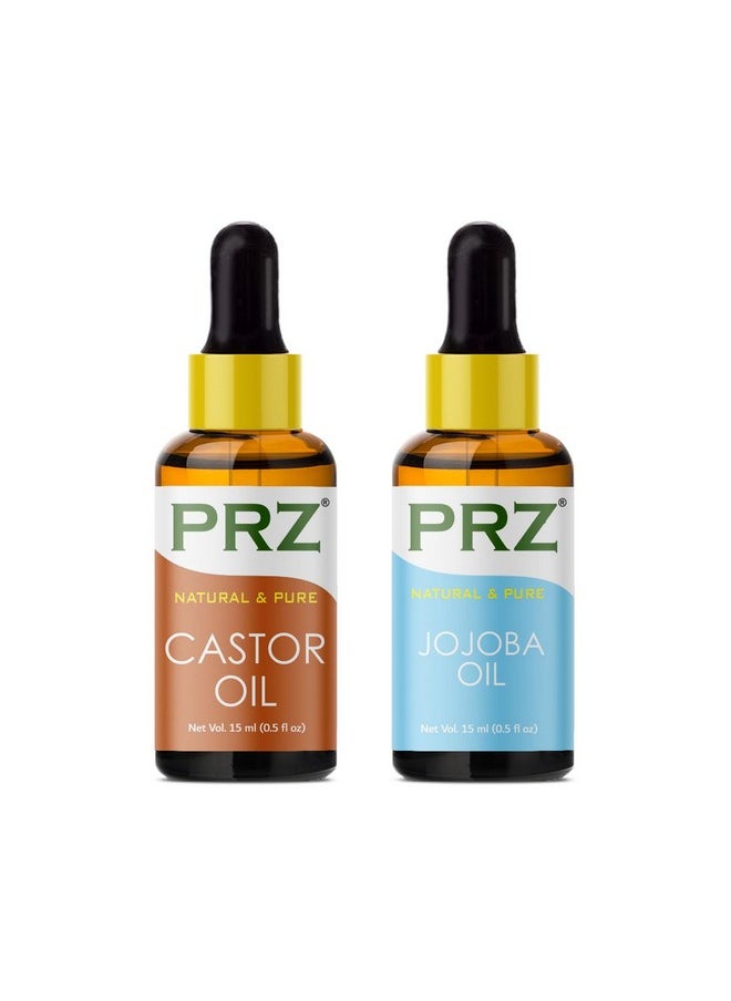 PRZ Combo Of Cold Pressed Castor Oil & Jojoba Oil, 100% Pure Natural & Therapeutic Grade Oil For Aromatherapy, Body Massage, Skin Care & Hair Growth (15Ml Each)  - Image 1