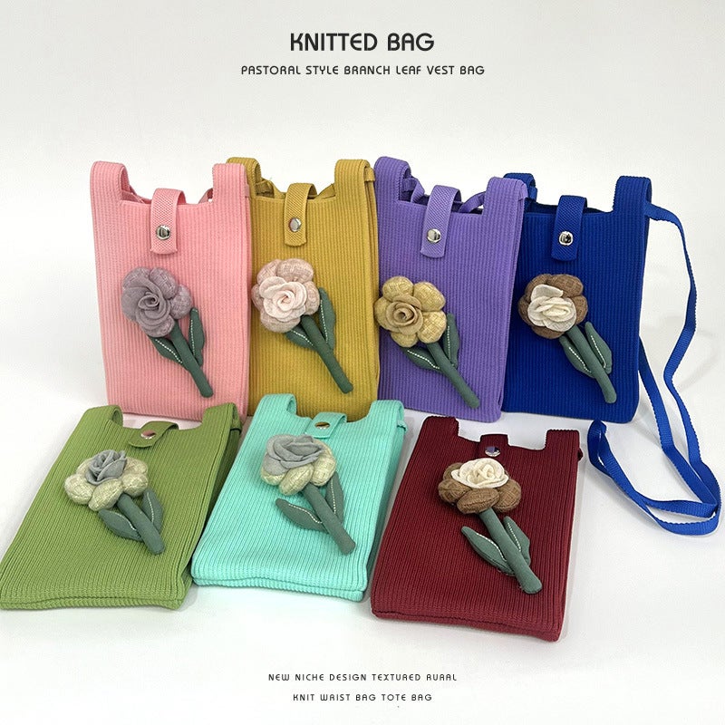 New Knitted Flower Mini Mobile Phone Bag Women'S Cute Korean-Style All-Match Student Change Handbag Crossbody Small Bag - Image 3