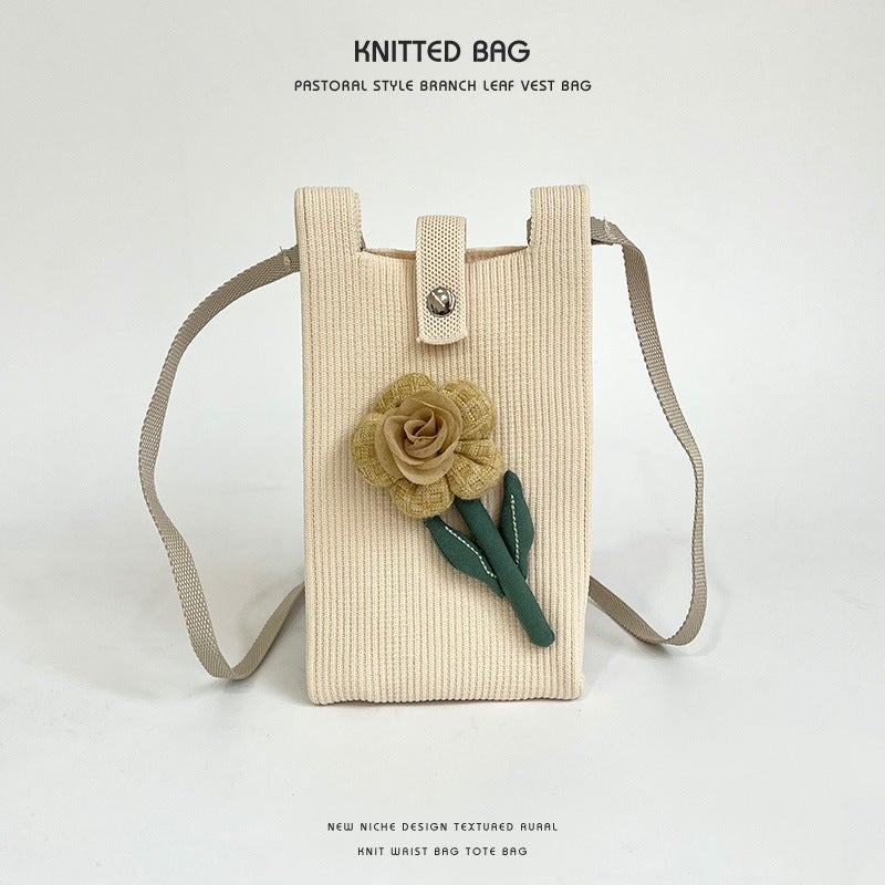 New Knitted Flower Mini Mobile Phone Bag Women'S Cute Korean-Style All-Match Student Change Handbag Crossbody Small Bag - Image 1