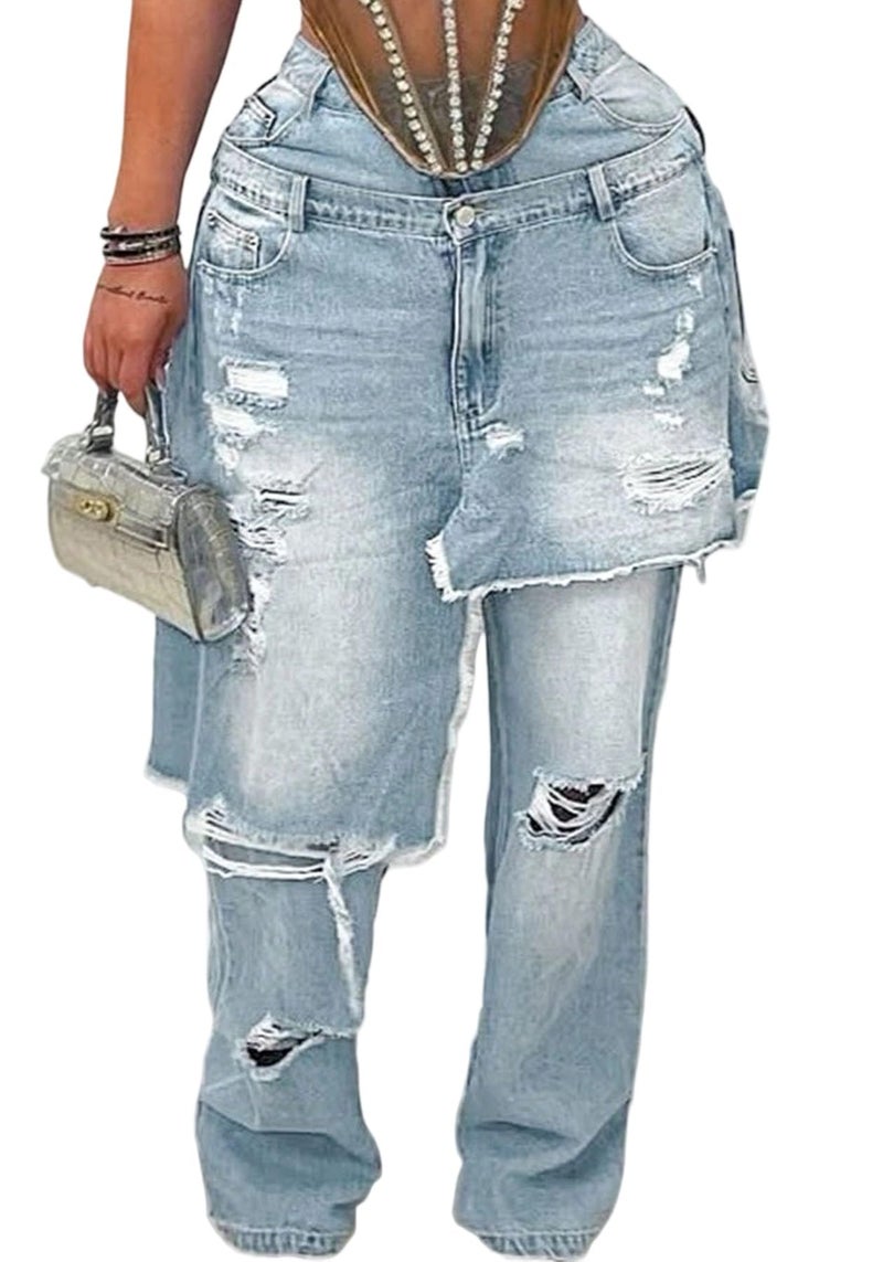 NRTHYE Womens Baggy Ripped Jeans Casual High Waisted Wide Leg Patchwork Tear Boyfriend Street Denim Pants with Pockets - Image 1