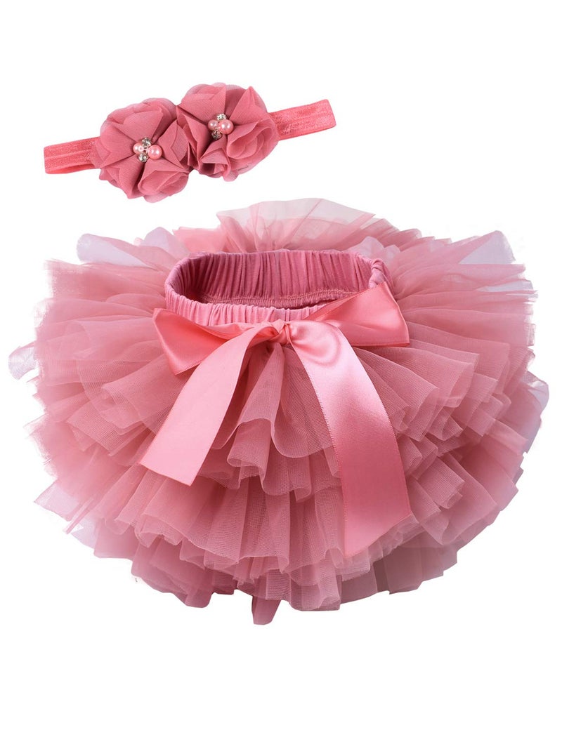 Tutu.kk Baby Girls Tutu Bloomers Diaper Cover Cotton Tulle Bloomers and Headband Set Coral 3-6 Month - Image 1