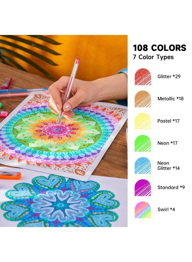 Lineon Gel Pens 108 Colours Gel Pen Set for Adult Colouring Books Art Markers - Image 2