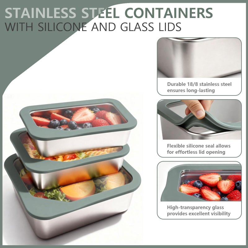 Greentainer Stainless Steel Food Storage Container with Glass Lids, 3 Pack Nested Lunch Boxes, Airtight Lid Food Container for Sandwiches, Snacks, Meal Prep and Kitchen Storage - Image 5