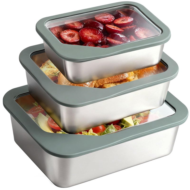 Greentainer Stainless Steel Food Storage Container with Glass Lids, 3 Pack Nested Lunch Boxes, Airtight Lid Food Container for Sandwiches, Snacks, Meal Prep and Kitchen Storage - Image 1