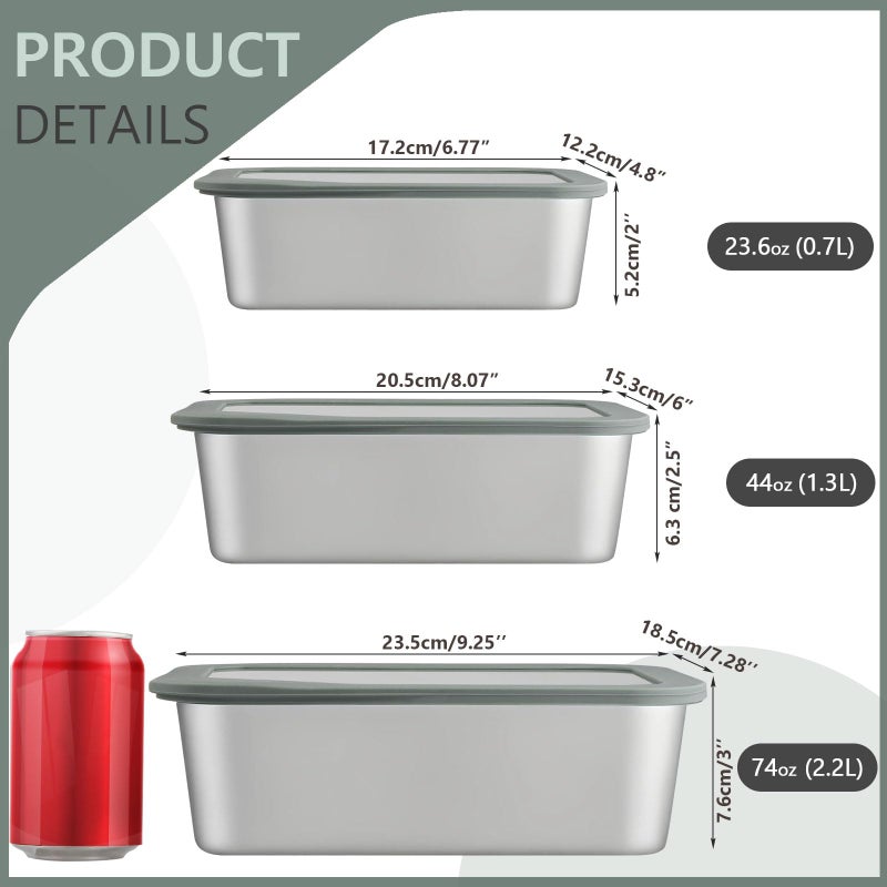 Greentainer Stainless Steel Food Storage Container with Glass Lids, 3 Pack Nested Lunch Boxes, Airtight Lid Food Container for Sandwiches, Snacks, Meal Prep and Kitchen Storage - Image 2