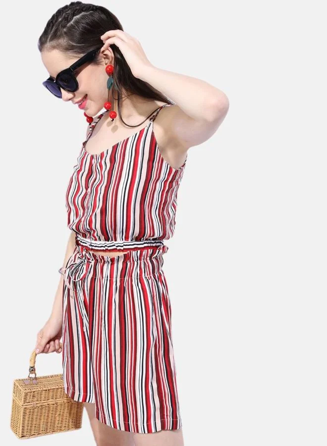 Freehand  Women Regular Fit Stripe Sleeveless Mid Rise Crop Top and Shorts Co-Ords Set  | Best Price UAE