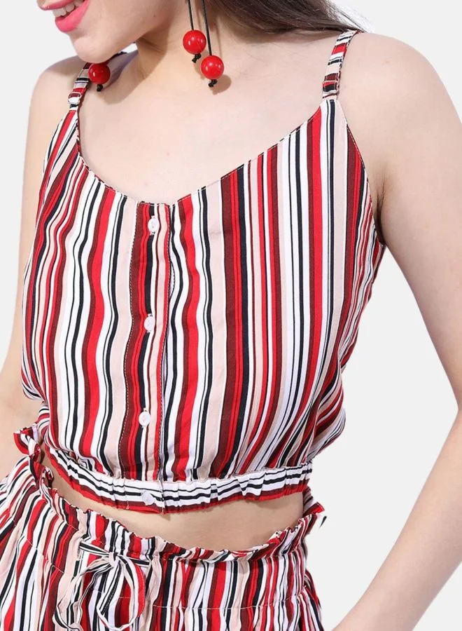 Freehand  Women Regular Fit Stripe Sleeveless Mid Rise Crop Top and Shorts Co-Ords Set  | Best Price UAE