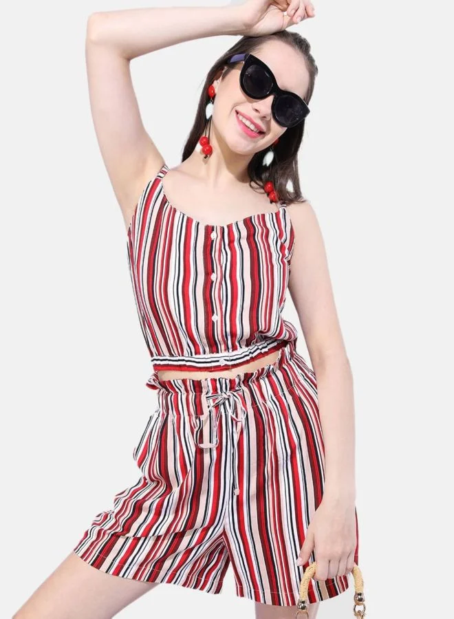 Women Regular Fit Stripe Sleeveless Mid Rise Crop Top and Shorts Co-Ords Set