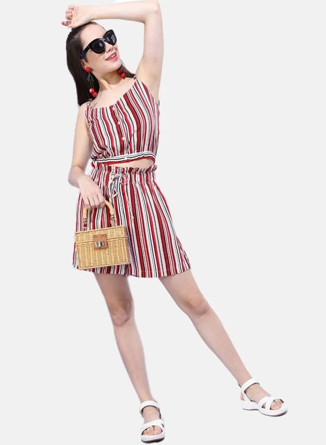 Freehand  Women Regular Fit Stripe Sleeveless Mid Rise Crop Top and Shorts Co-Ords Set  | Best Price UAE