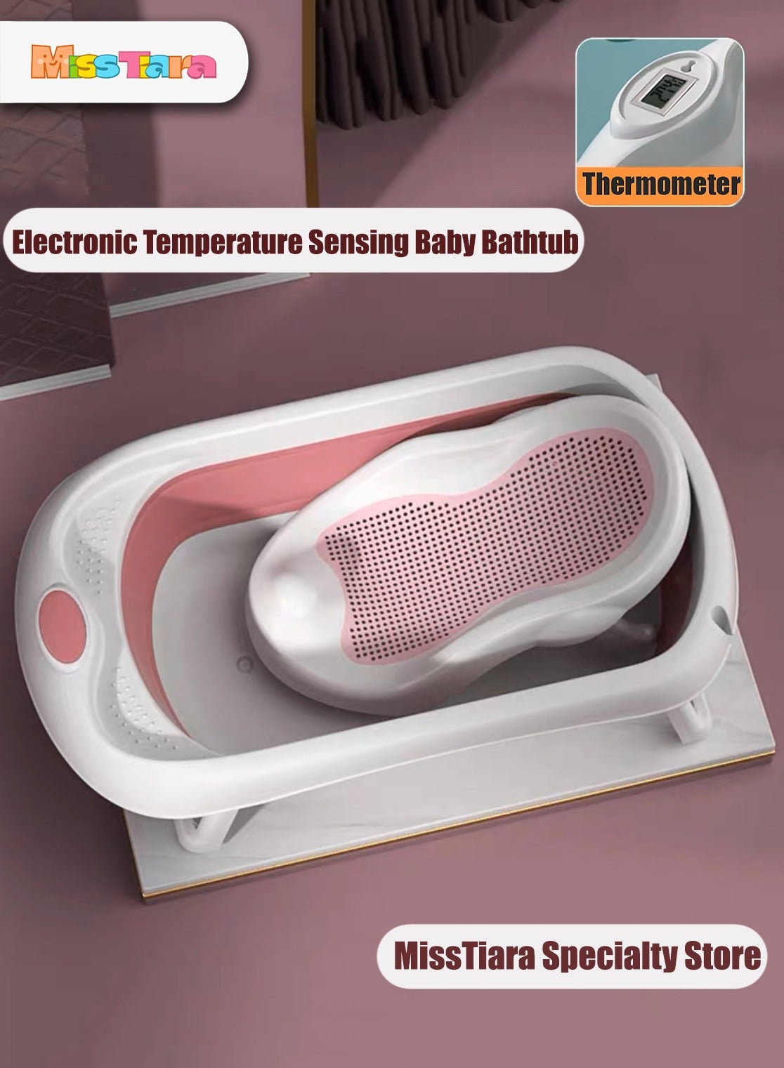 Foldable Baby Bathtub Set with Temperature Sensing Thermometer and Baby Special Bath Bed Newborn Sitting and Lying Large Safety Bathtub