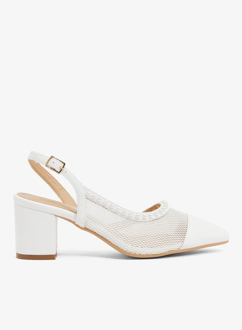Ivory mesh slingback with pearl trim and pointed toe, block heel