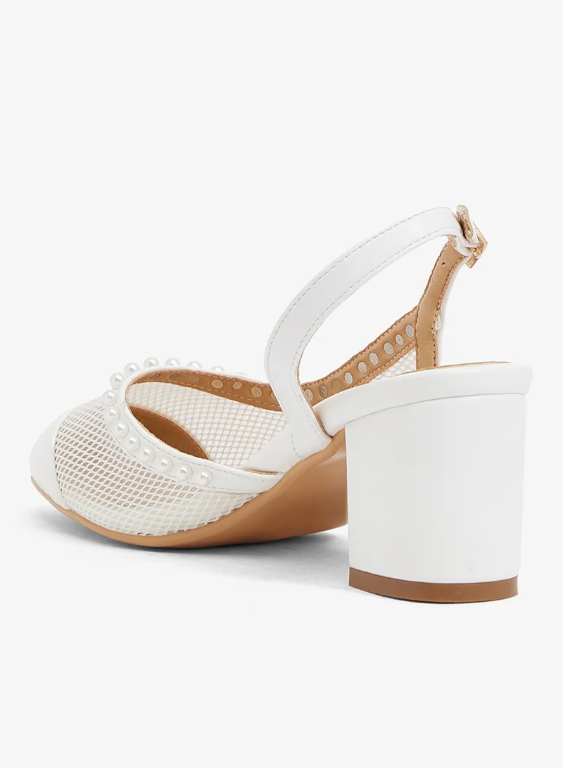 Ella Limited Edition White Ivory mesh slingback with pearl trim and pointed toe, block heel for Women | Best Price UAE