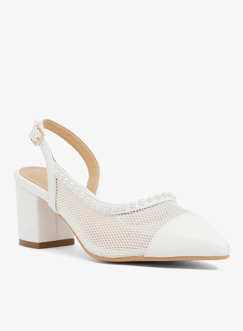 Ella Limited Edition White Ivory mesh slingback with pearl trim and pointed toe, block heel for Women | Best Price UAE