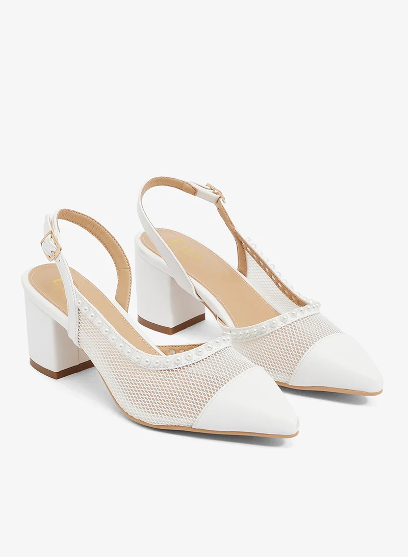 Ella Limited Edition White Ivory mesh slingback with pearl trim and pointed toe, block heel for Women | Best Price UAE
