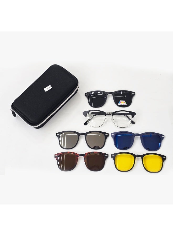 Men’s eyeglasses made from lightweight and flexible TR material, featuring Clip-On technology for quick lens changes. Includes 5 interchangeable lenses suitable for sun protection, driving, night vision, and daily use. The set also comes with its original protective case, ensuring safe storage and easy carrying. Designed with a universal style that fits all variations of the model while offering comfort and durability.