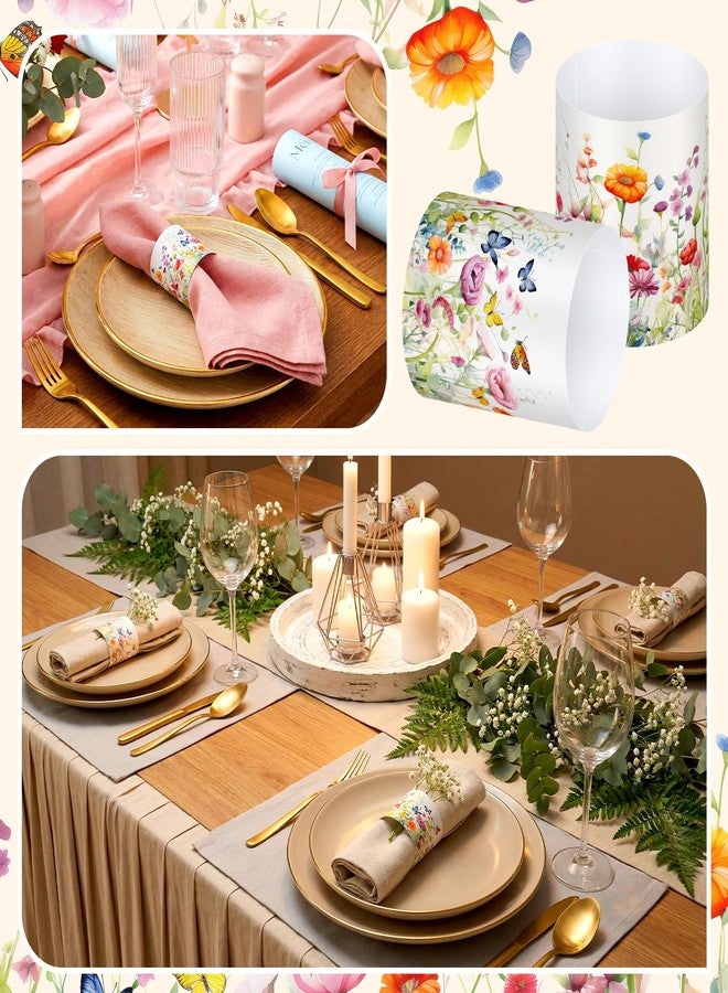 FoldTier 100 Pcs Spring Wildflower Paper Napkin Rings Disposable Napkin Bands Self Adhesive Colorful Wildflower Silverware Wrap Band for Floral Birthday Holiday Party Dinner Table Setting Decoration - Image 5