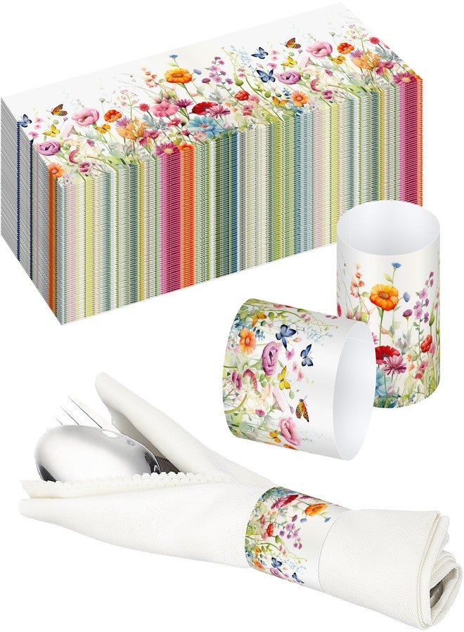 FoldTier 100 Pcs Spring Wildflower Paper Napkin Rings Disposable Napkin Bands Self Adhesive Colorful Wildflower Silverware Wrap Band for Floral Birthday Holiday Party Dinner Table Setting Decoration - Image 1