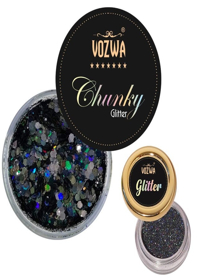Vozwa Black Beauty Eyeshadow Chunky Glitter and Holographic Grey Eye Glitter - Image 2