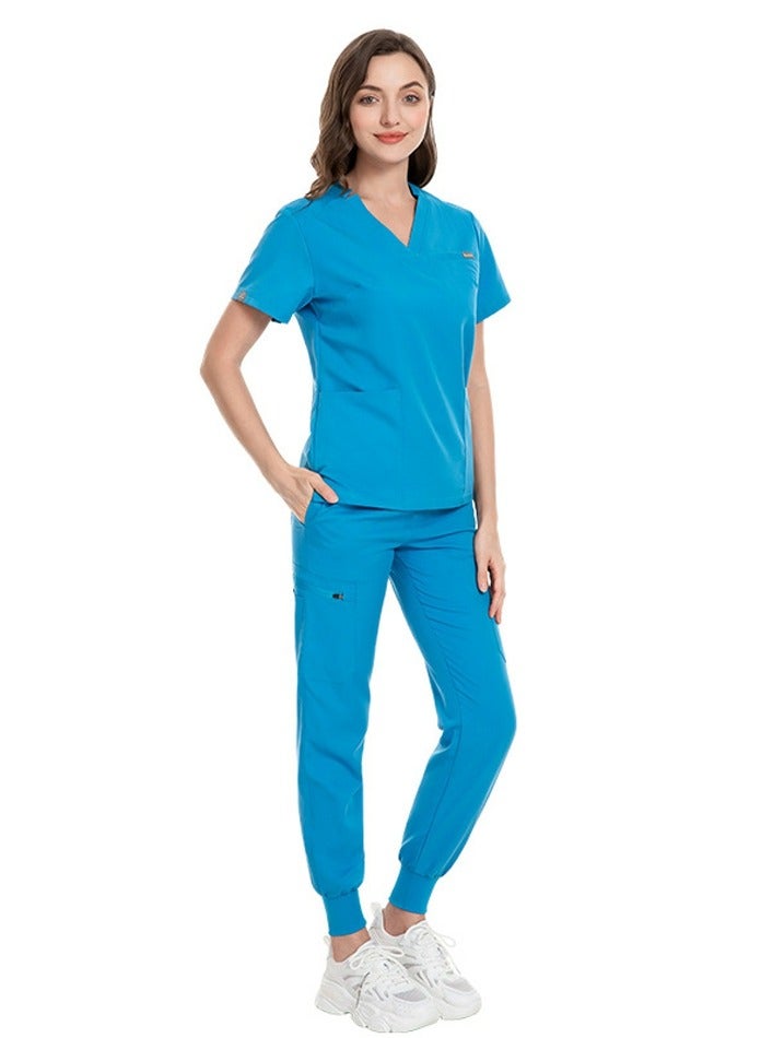 Loquat Medical Uniform Scrubs Set Medical Scrubs Solid Color 2 Piece Set Top and Pants Suit Blue - Image 1