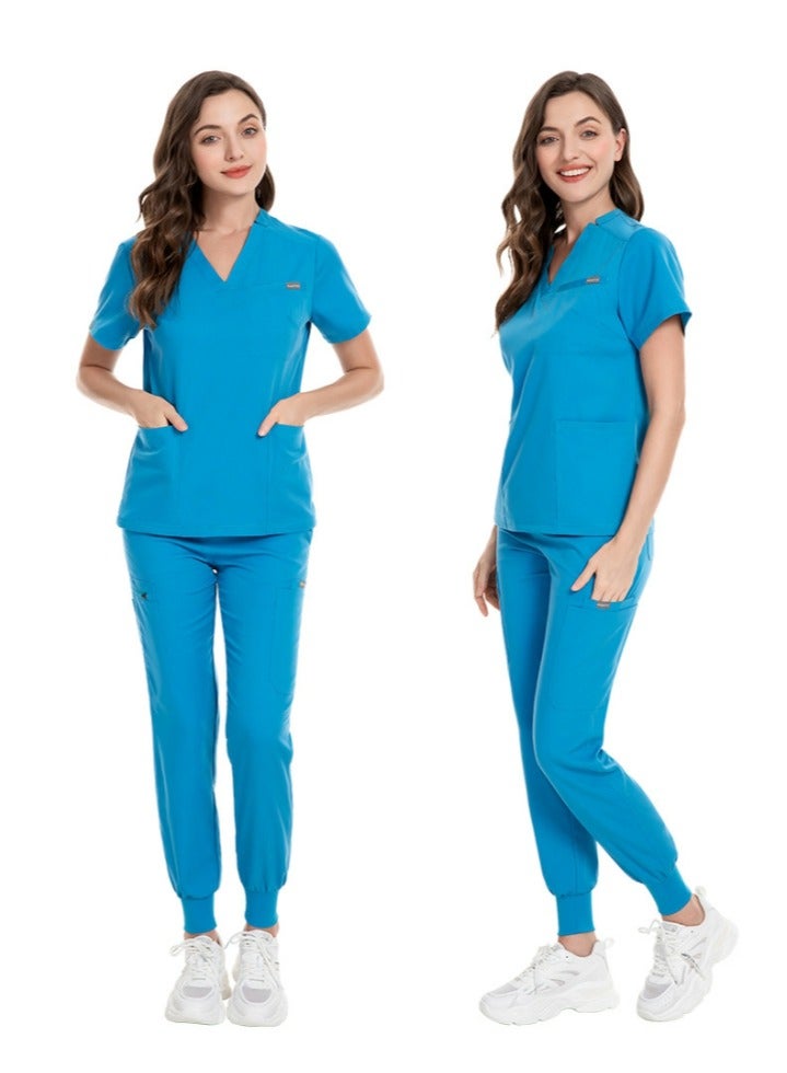 Loquat Medical Uniform Scrubs Set Medical Scrubs Solid Color 2 Piece Set Top and Pants Suit Blue - Image 2
