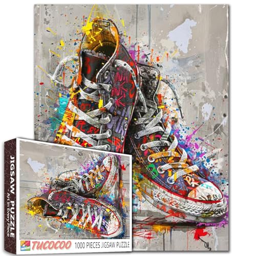 Tucocoo Jigsaw Puzzles 1000 Pieces for AdultsBanksy Street Style Sneakers Hardboard PuzzleChallenging Puzzle Perfect for Game NightsDIY Home Wall DecorArt PuzzlesGraffiti Red Shoes Art 27 x 20 - Image 1