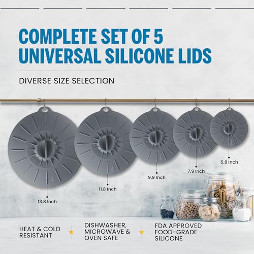 Basic Haus Microwave Cover Silicone Lids - Set of 5: 6, 8, 10, 12 and 13.8 inches - Suction Covers for Pots, Pans, Bowls, Cups, Skillets - Splatter Protection - Easy Food Storage - BPA Free - Image 2
