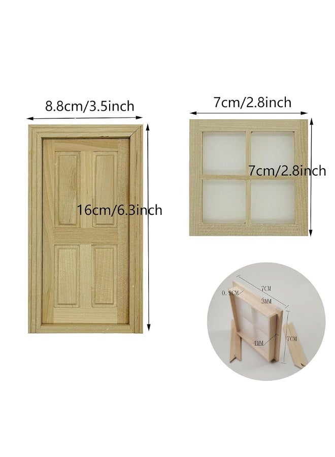 Cayway 2 PCS Dollhouse Windows 1 PCS Miniature Wooden Door112 Scale Mini Window Frame for DIY Dollhouse or Model Town Accessory - Image 1