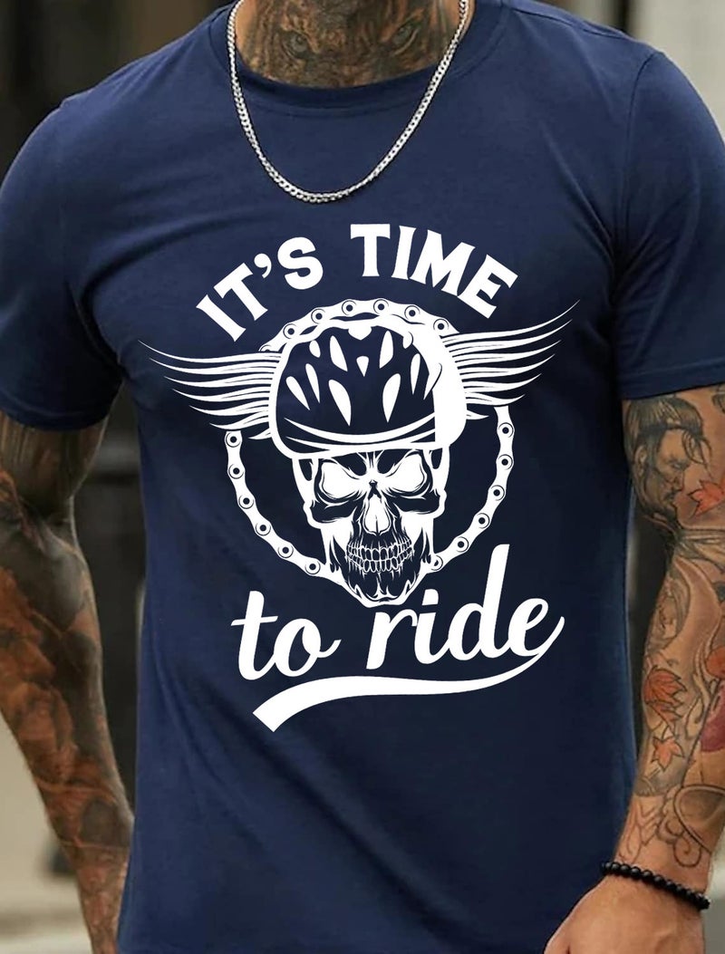 Cross-border European and American code plus size IT's time to ride English sports printed pattern men's cotton short-sleeved T-shirt - Image 2