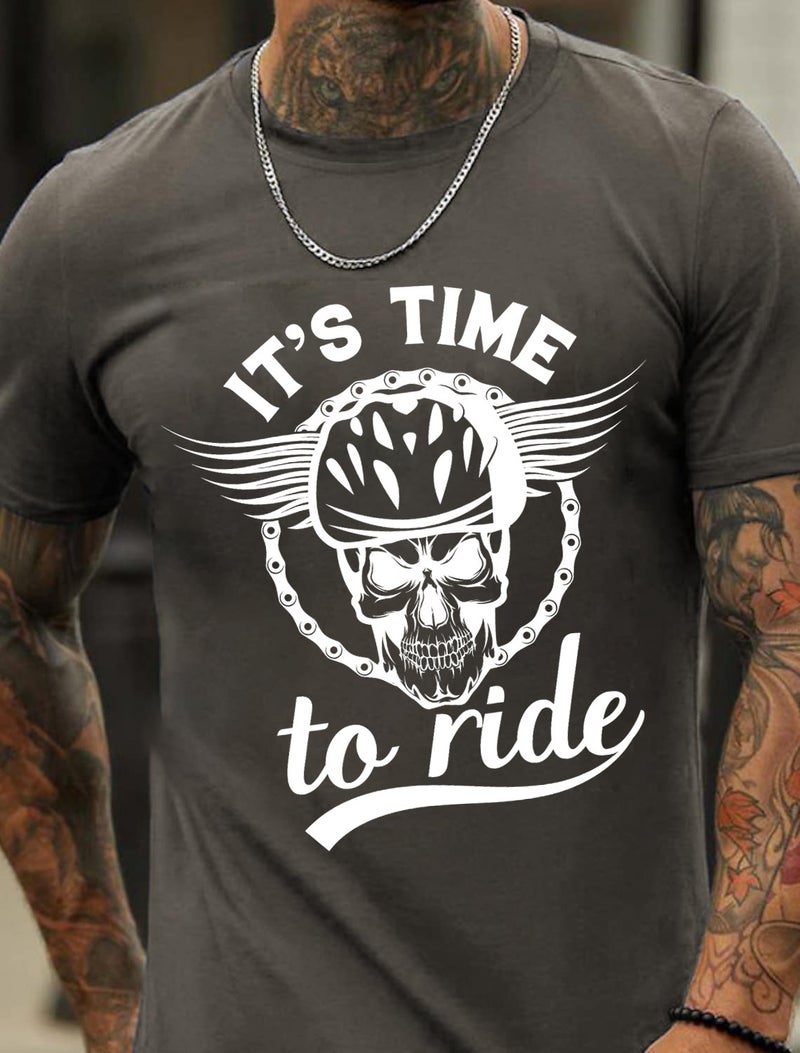 Cross-border European and American code plus size IT's time to ride English sports printed pattern men's cotton short-sleeved T-shirt - Image 1