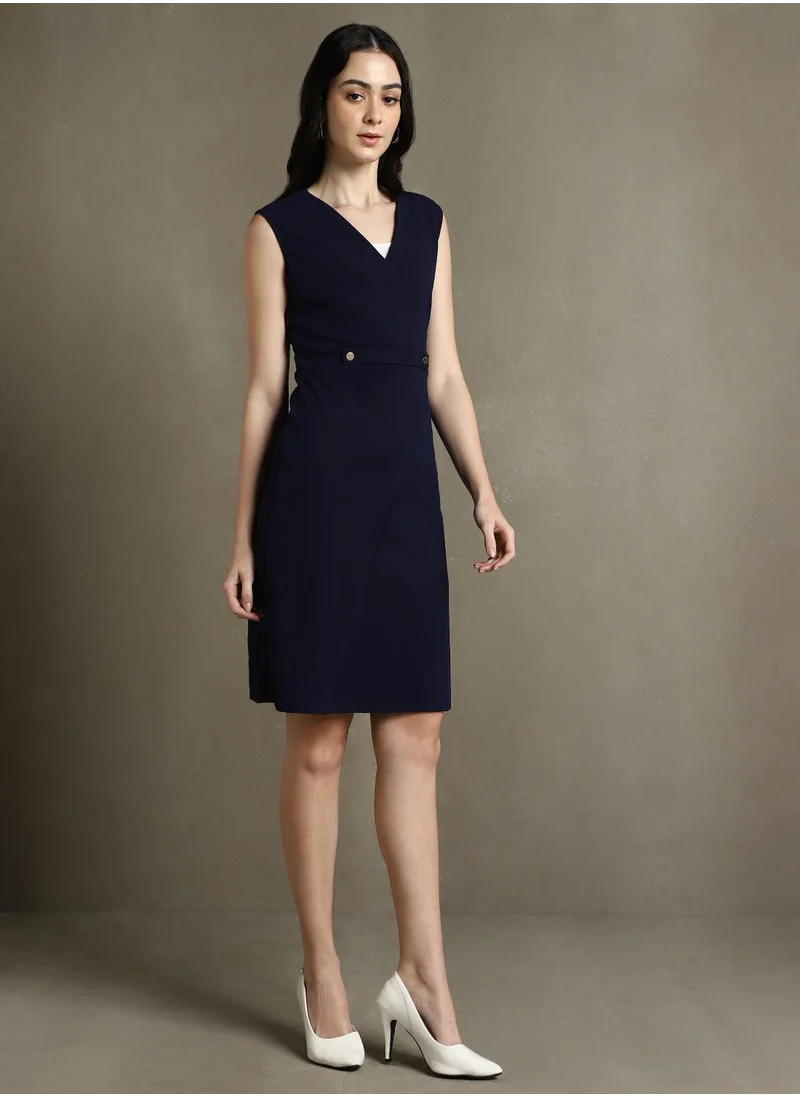 دينيس لينغو Women's Navy 100% Polyester Solid Knee Length Shift Regular Fit Dress
