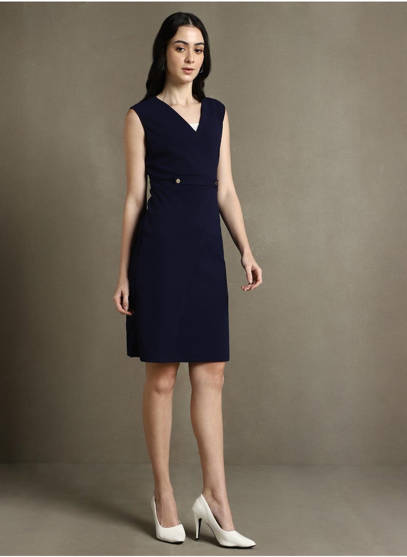Dennis Lingo Women's Navy 100% Polyester Solid Knee Length Shift Regular Fit Dress  - Image 2